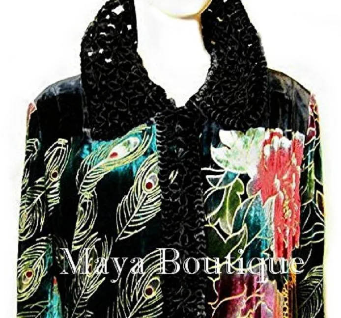 Opera Coat Duster Silk Velvet Black Multi Long S/M Maya Matazaro Art To Wear