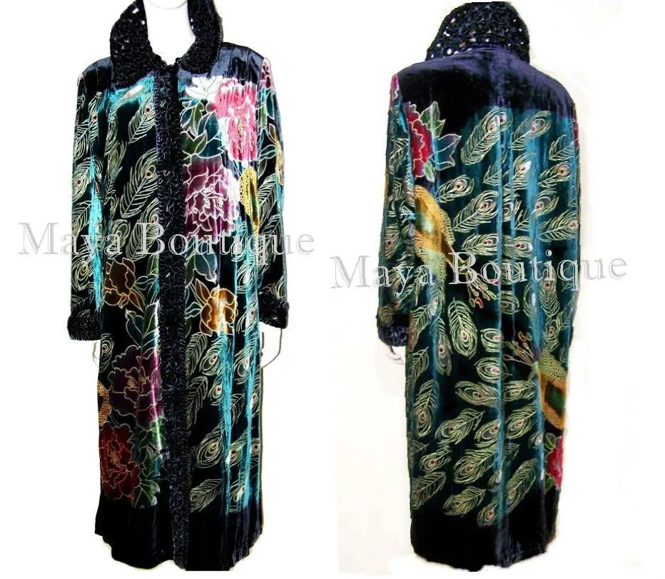 Opera Coat Duster Silk Velvet Black Multi Long S/M Maya Matazaro Art To Wear