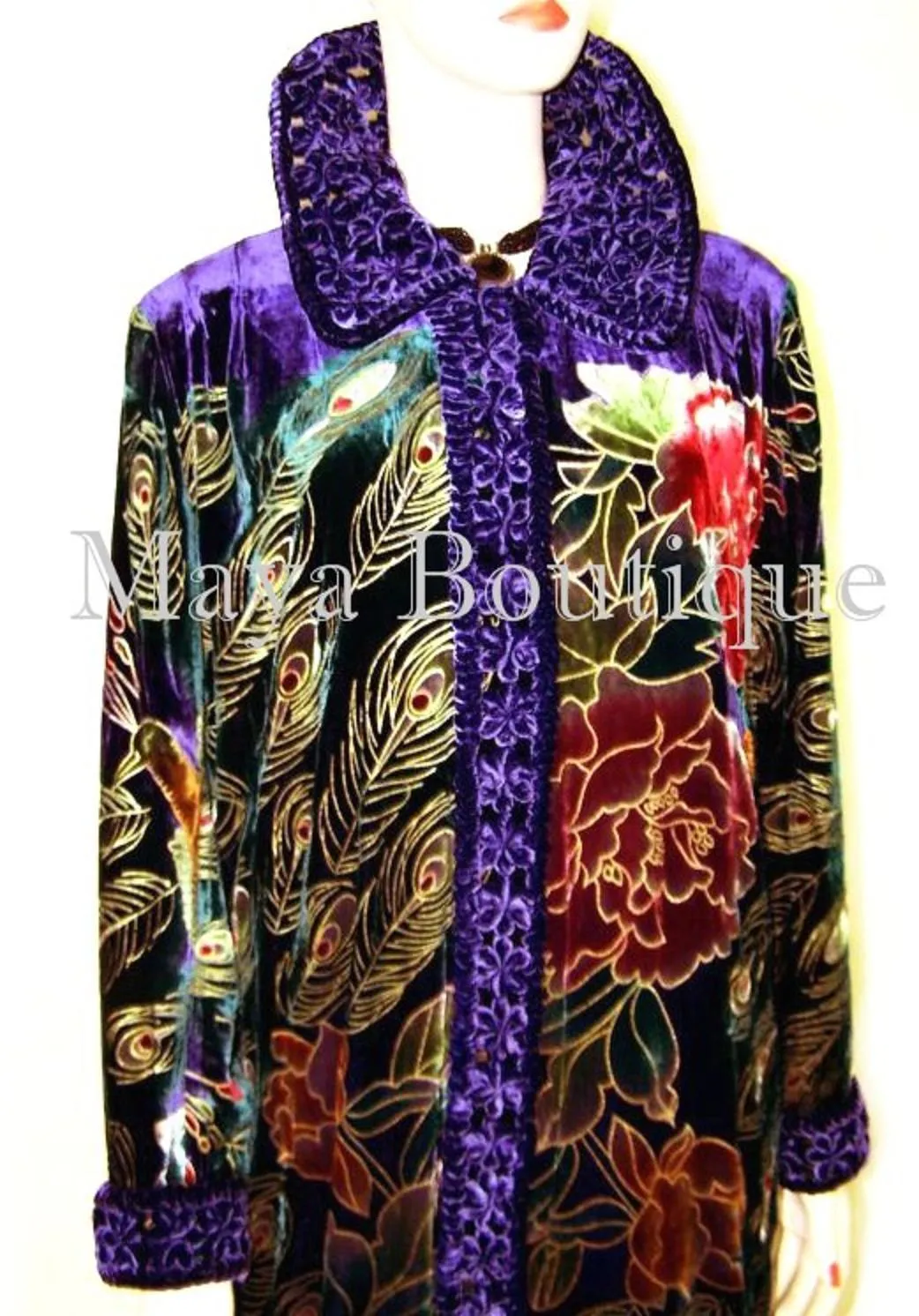 Opera Coat Duster Silk Velvet Purple Peacock Long Lined 1X-2X Maya Matazaro
