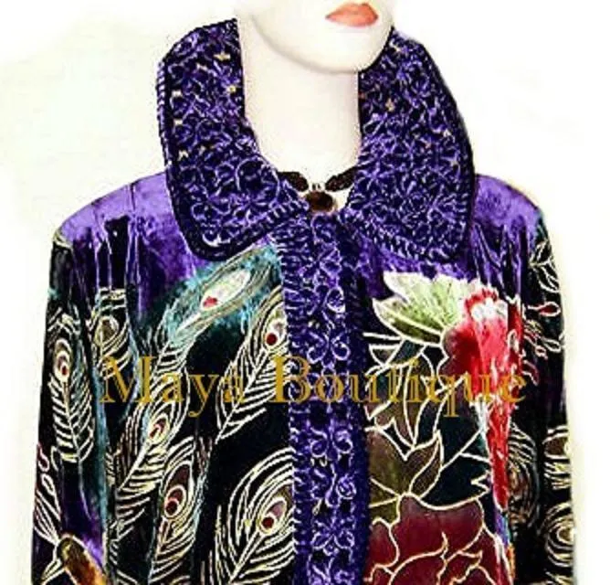 Opera Coat Duster Silk Velvet Purple Peacock Long Lined 1X-2X Maya Matazaro