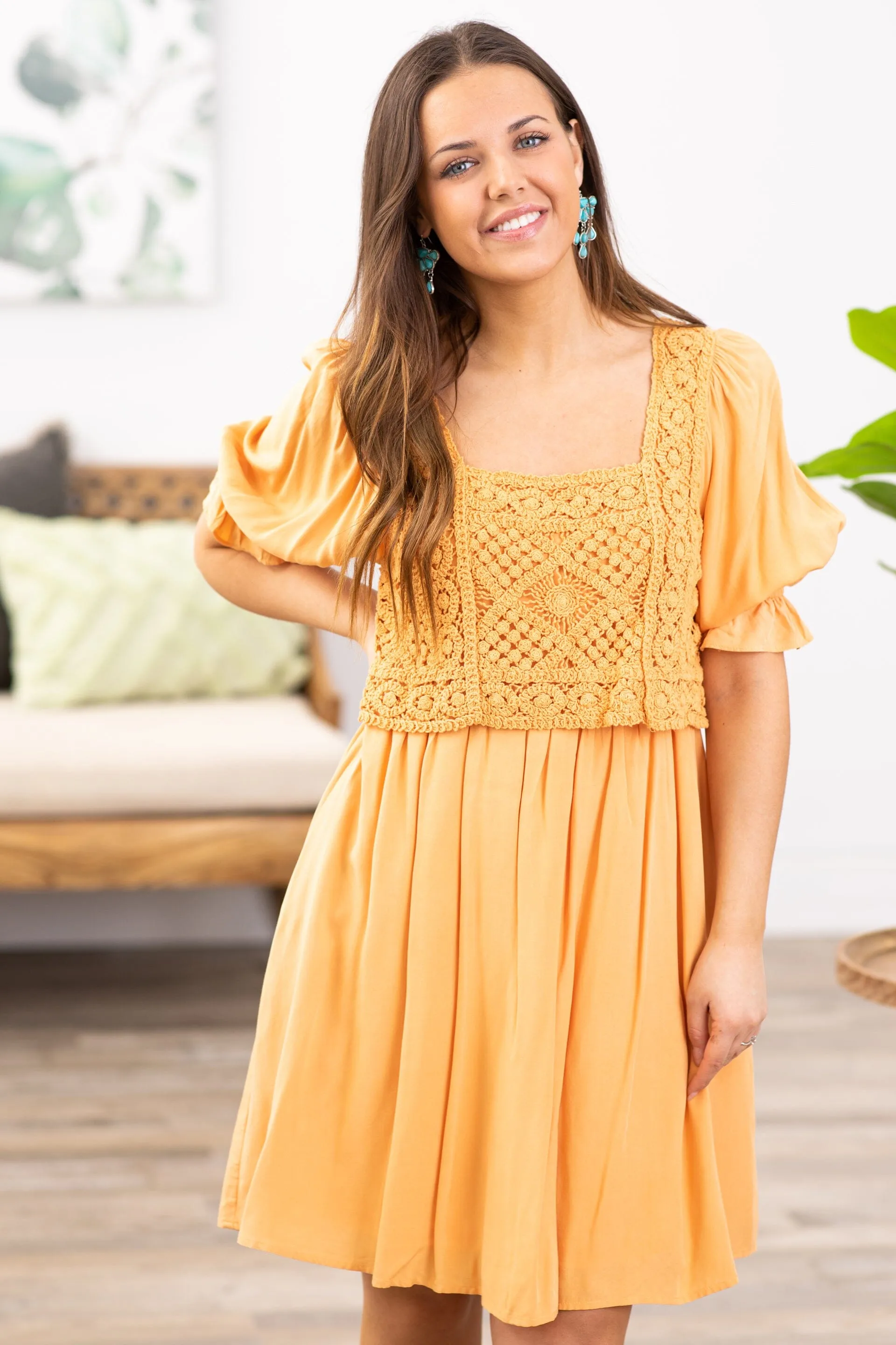 Orange Crochet Bodice Puff Sleeve Dress