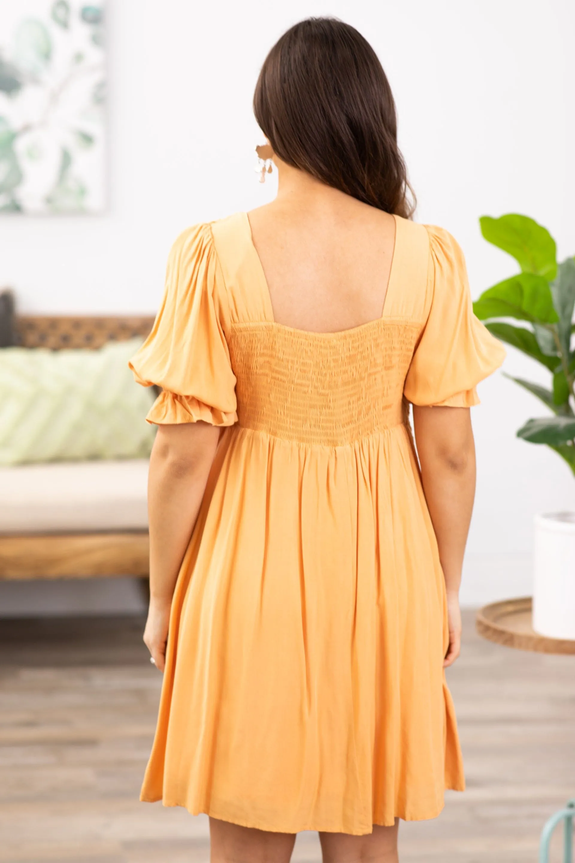 Orange Crochet Bodice Puff Sleeve Dress