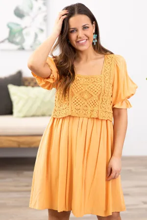 Orange Crochet Bodice Puff Sleeve Dress