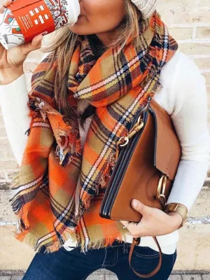 Orange Plaid Fringed Scarf