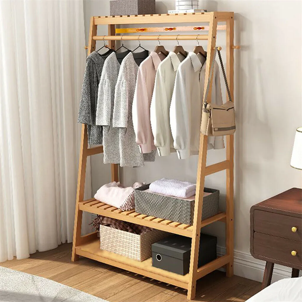 P&P Rail Bamboo Clothes Rack Garment Hanging Stand 3 Tier Storage Shelves Closet