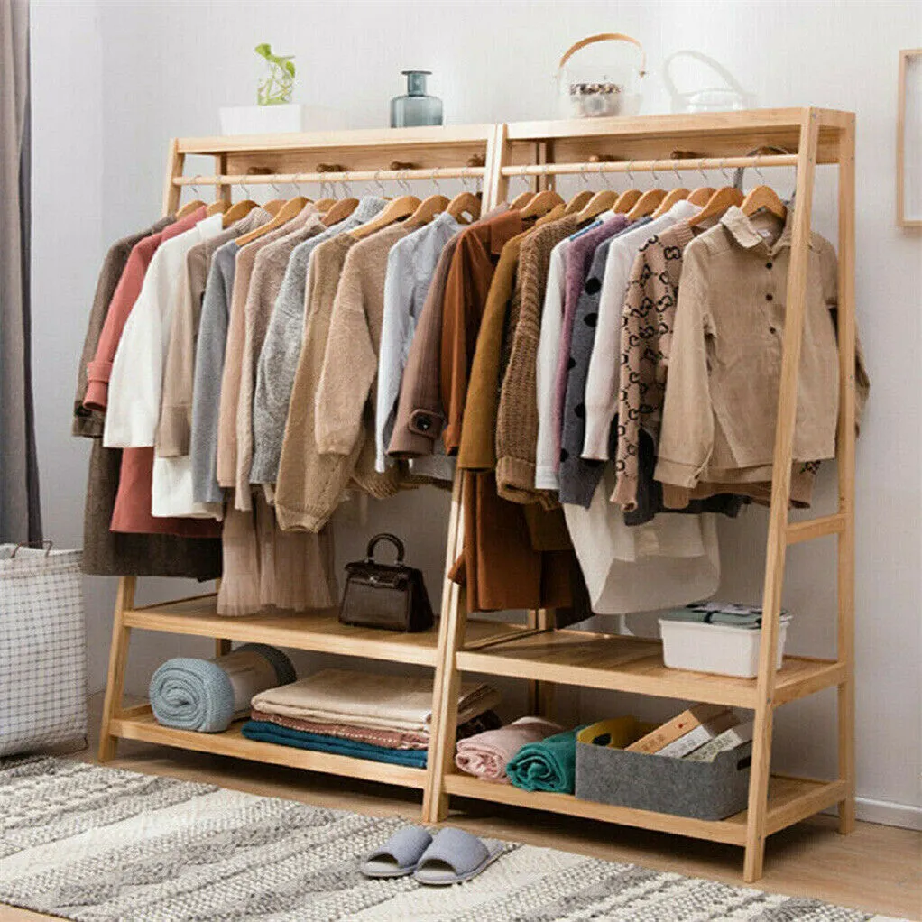 P&P Rail Bamboo Clothes Rack Garment Hanging Stand 3 Tier Storage Shelves Closet