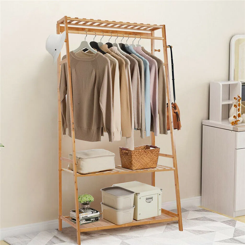 P&P Rail Bamboo Clothes Rack Garment Hanging Stand 3 Tier Storage Shelves Closet