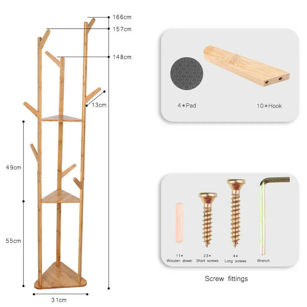 P&P Sturdy Natural Bamboo Tree Garment Clothes Coat Hat Hanger Stand Rack w/ Shelves