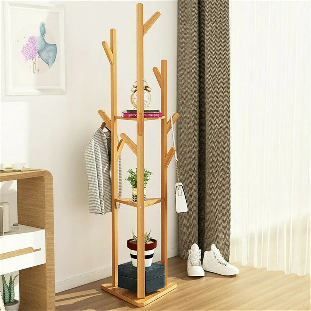 P&P Sturdy Natural Bamboo Tree Garment Clothes Coat Hat Hanger Stand Rack w/ Shelves