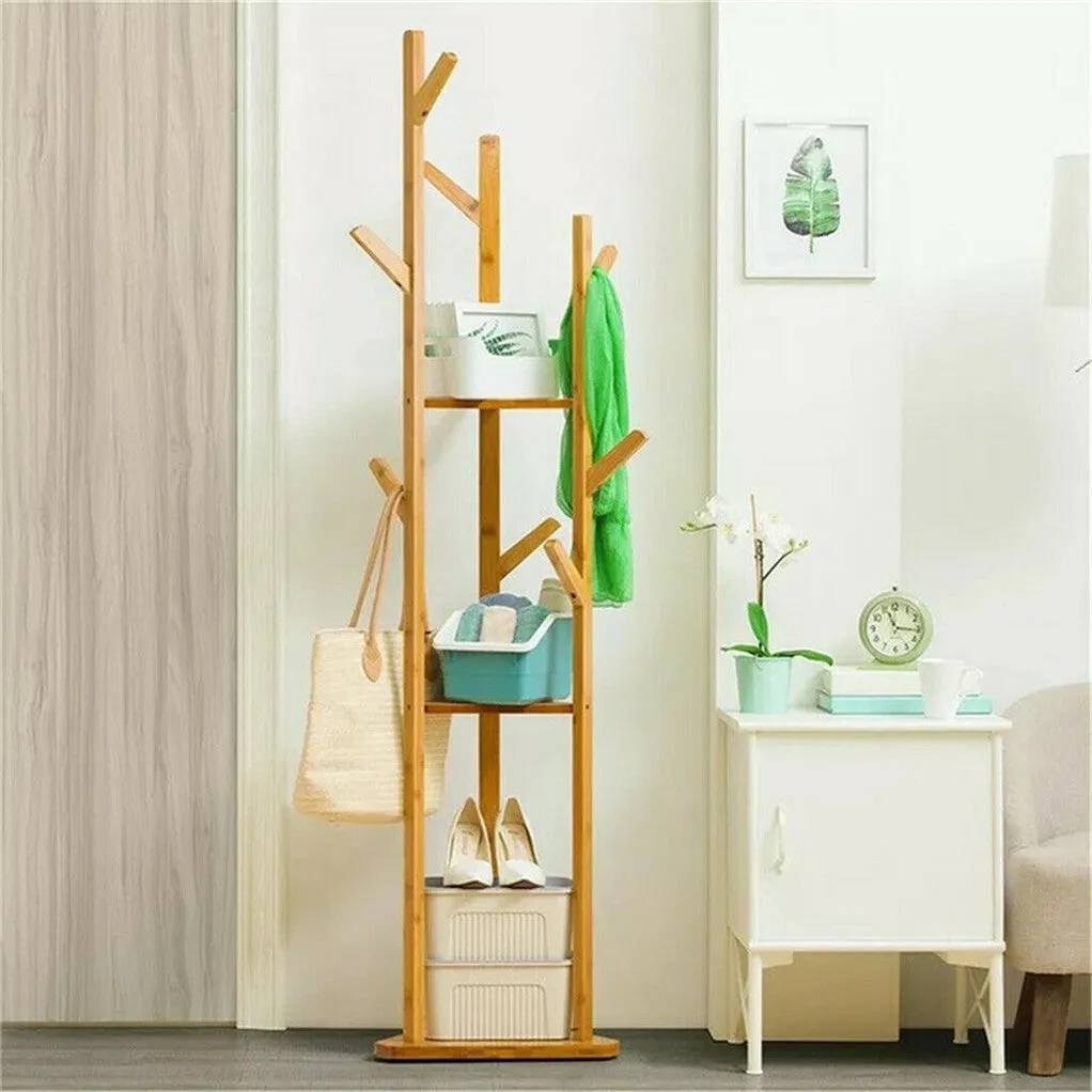 P&P Sturdy Natural Bamboo Tree Garment Clothes Coat Hat Hanger Stand Rack w/ Shelves