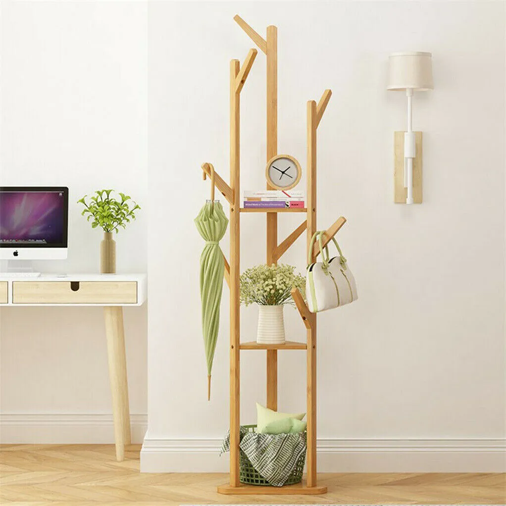 P&P Sturdy Natural Bamboo Tree Garment Clothes Coat Hat Hanger Stand Rack w/ Shelves