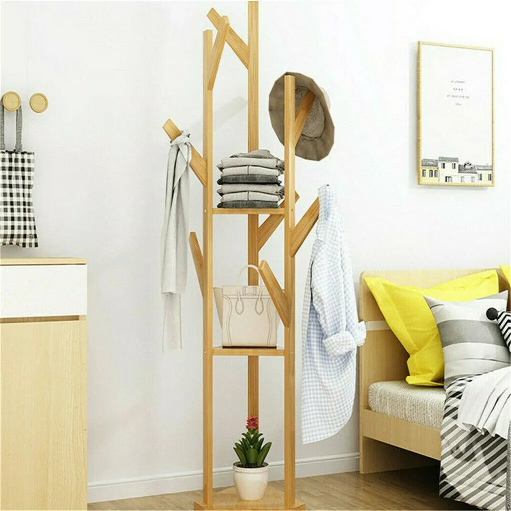 P&P Sturdy Natural Bamboo Tree Garment Clothes Coat Hat Hanger Stand Rack w/ Shelves