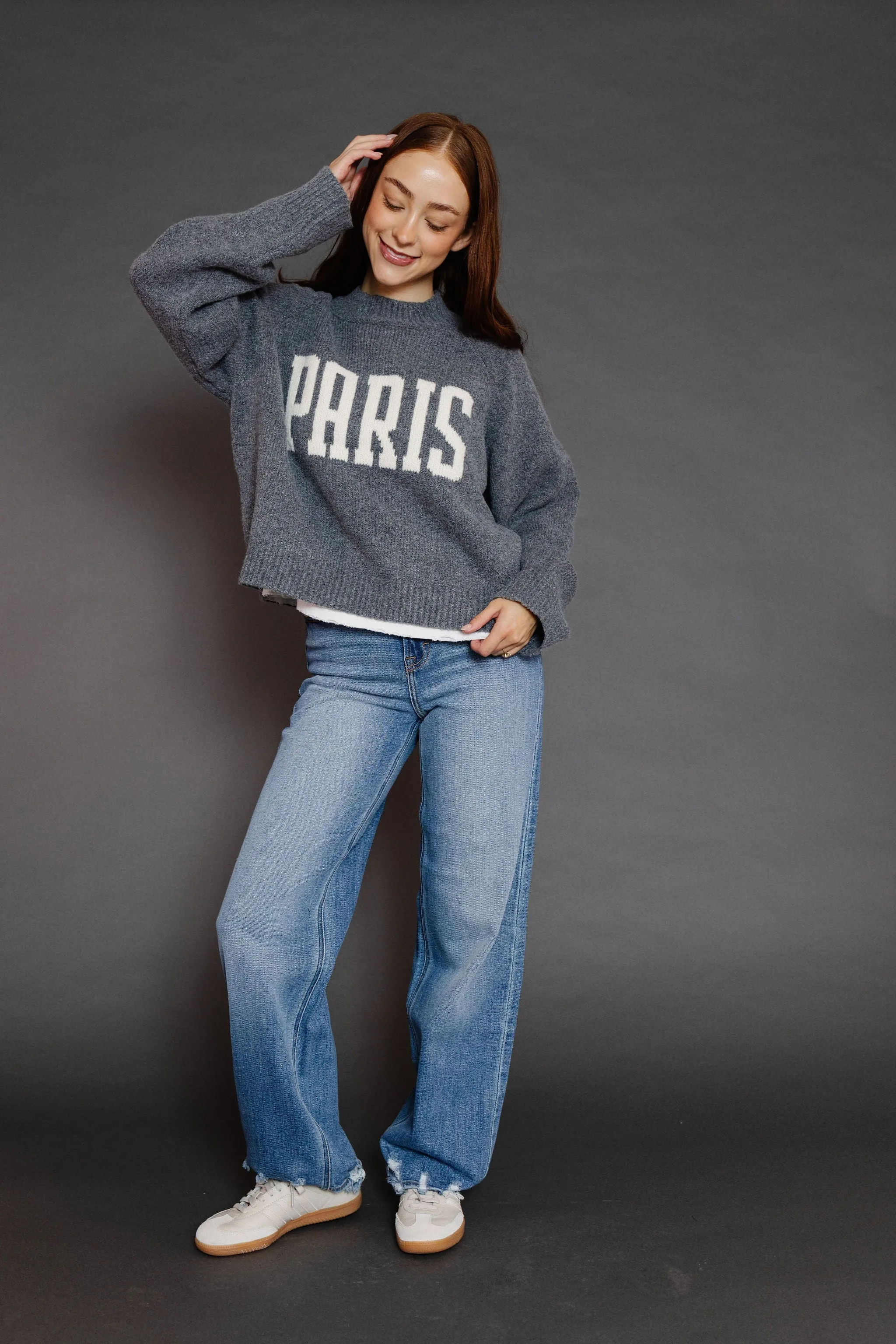 Paris Letter Front Sweater in Gray