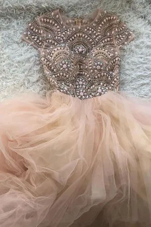 Pink round neck tulle beads long prom dress pink tulle formal dress