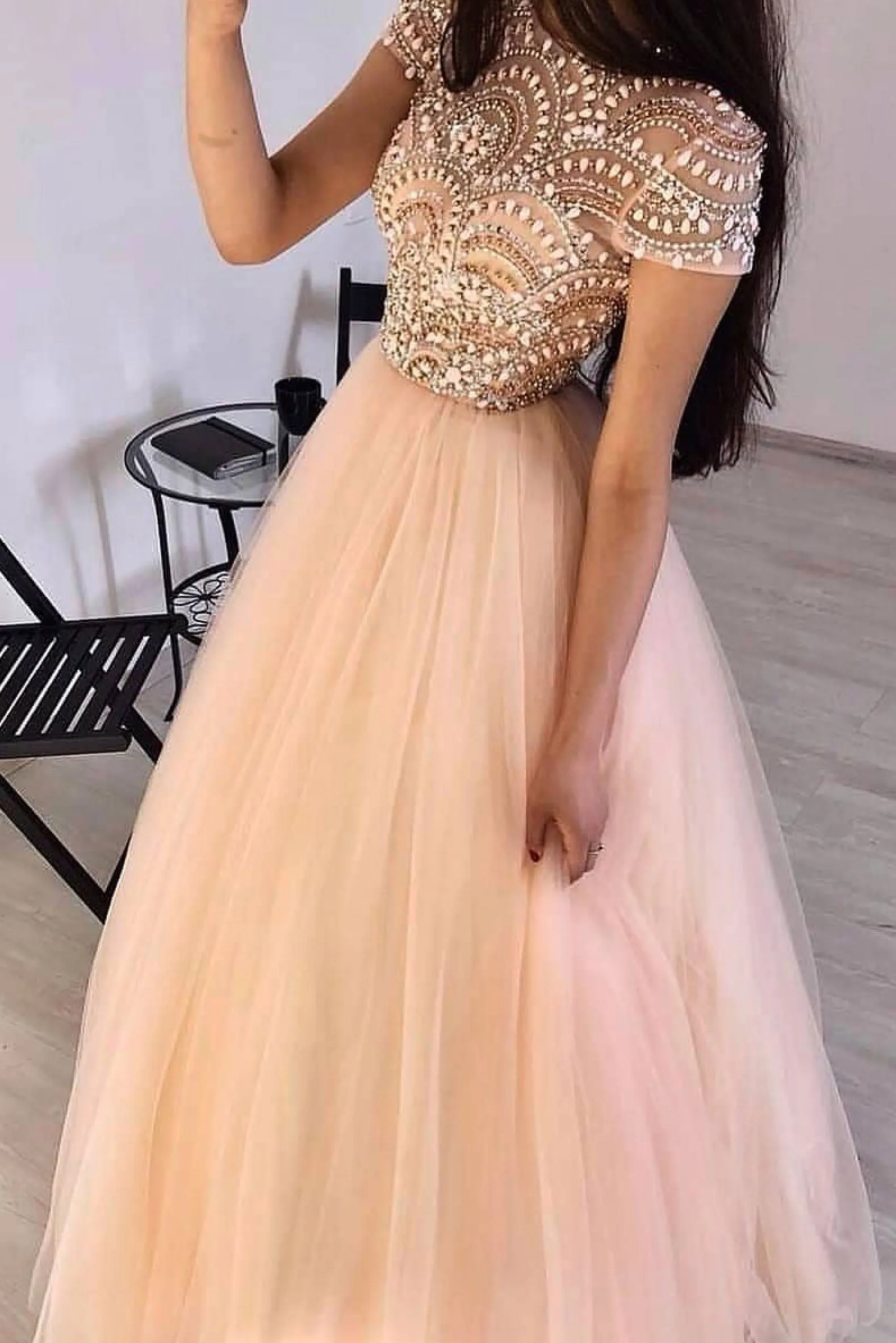 Pink round neck tulle beads long prom dress pink tulle formal dress