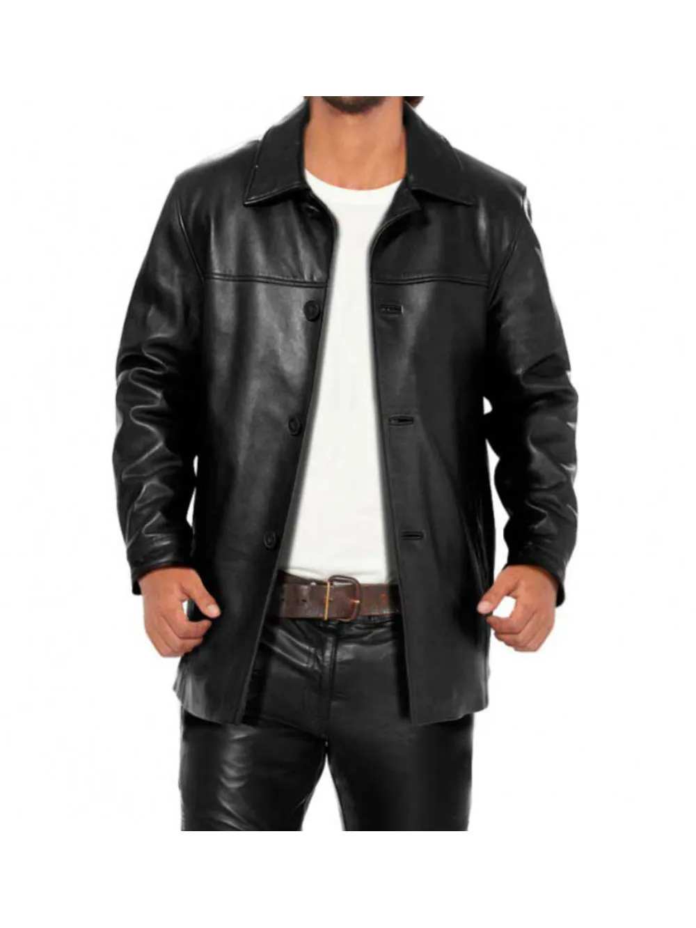 Polo Collar Black Leather Coat for Men