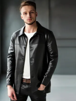 Polo Collar Black Leather Coat for Men