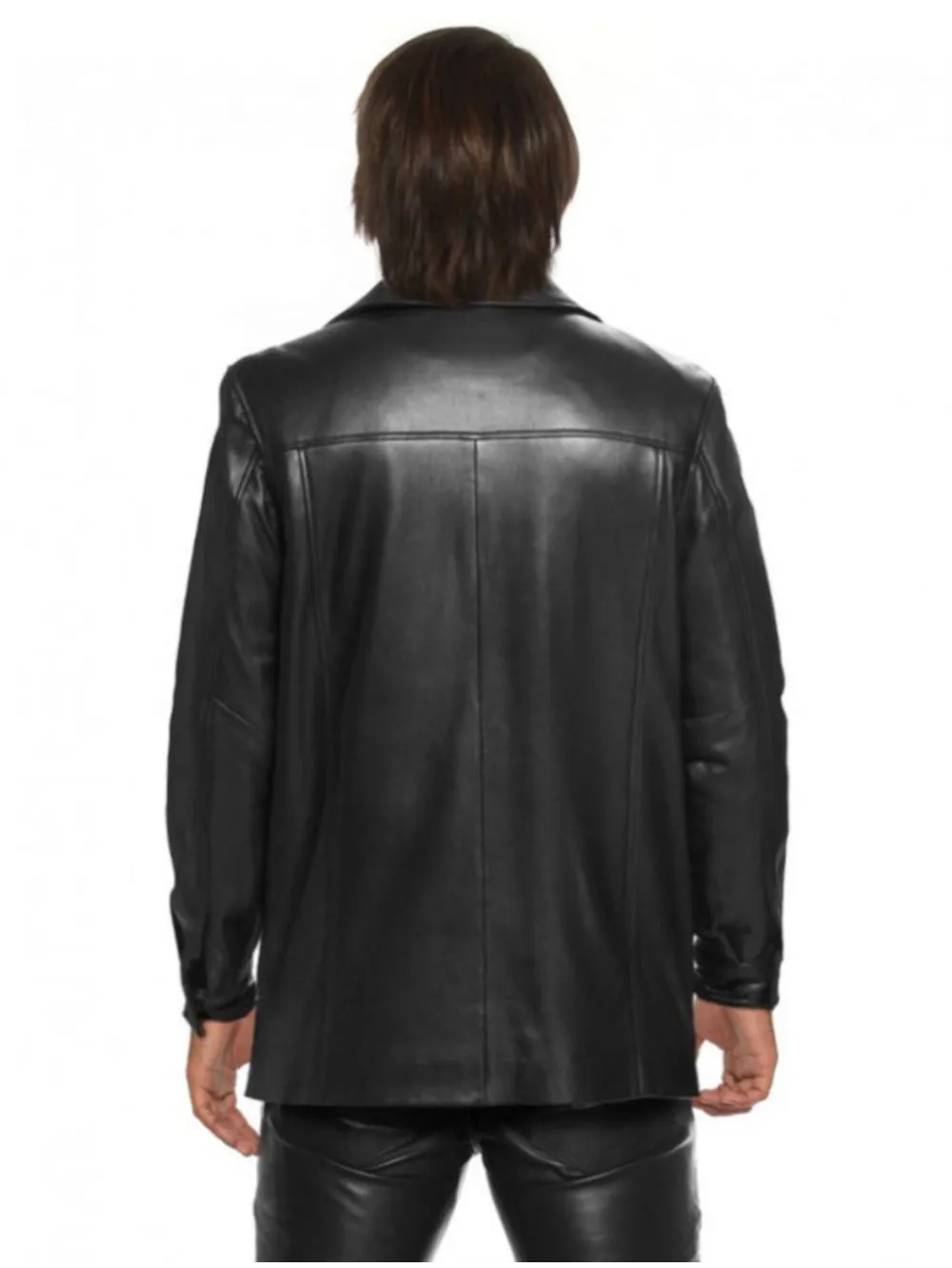 Polo Collar Black Leather Coat for Men