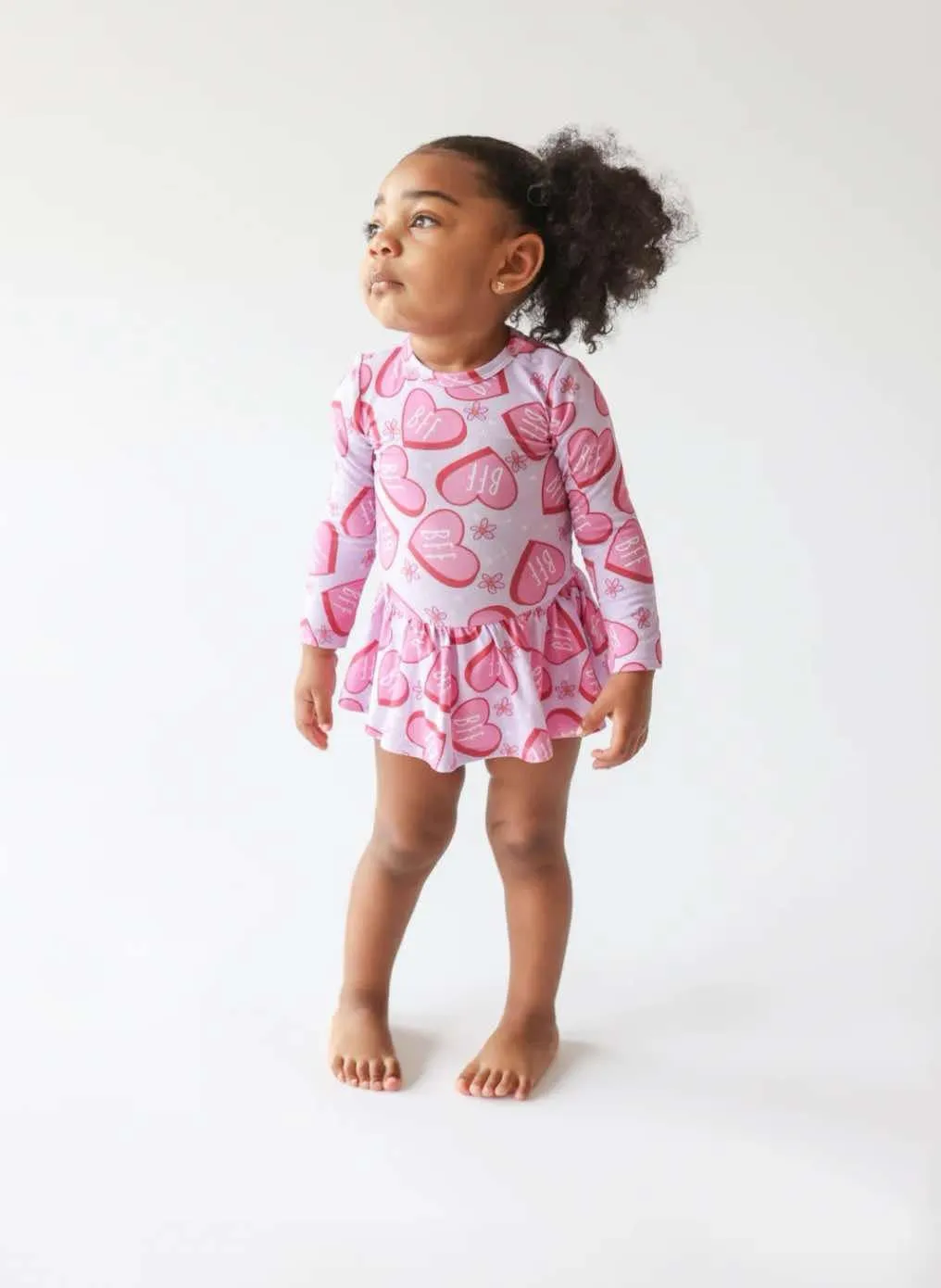 Posh Peanut Long Sleeve Girls Basic Twirl Bodysuit Dress in BFF Besties