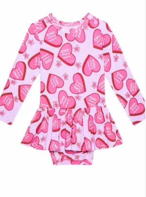 Posh Peanut Long Sleeve Girls Basic Twirl Bodysuit Dress in BFF Besties