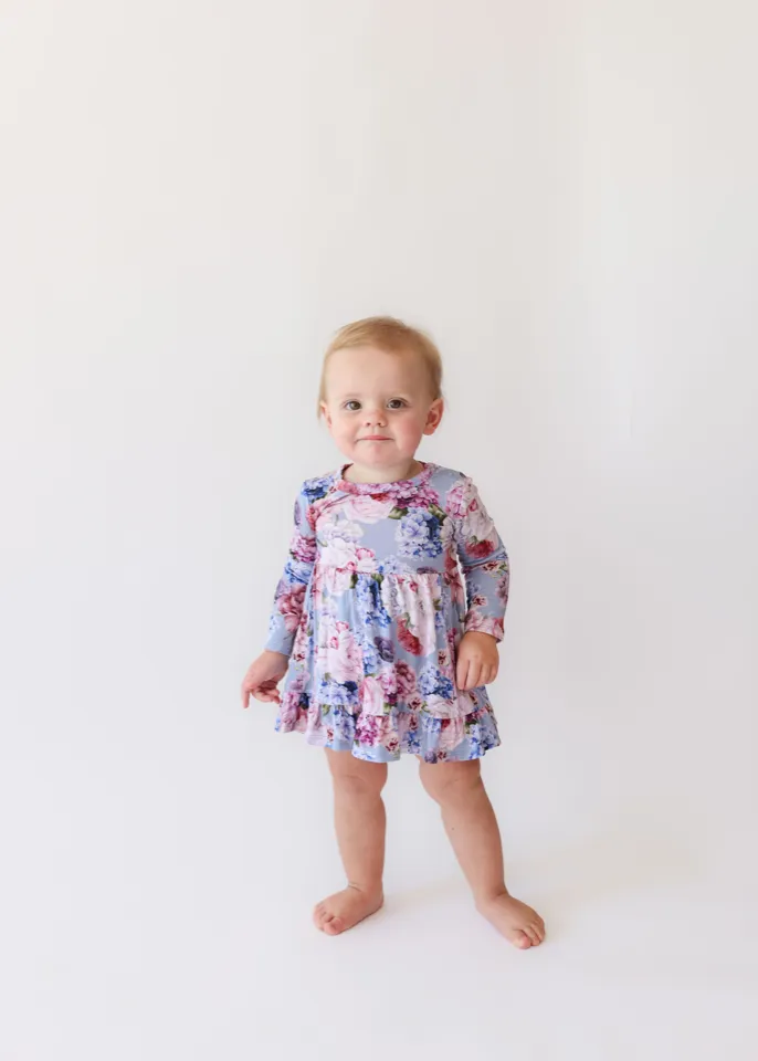 Posh Peanut Long Sleeve Girls Ruffled Twirl Bodysuit Dress in Annie