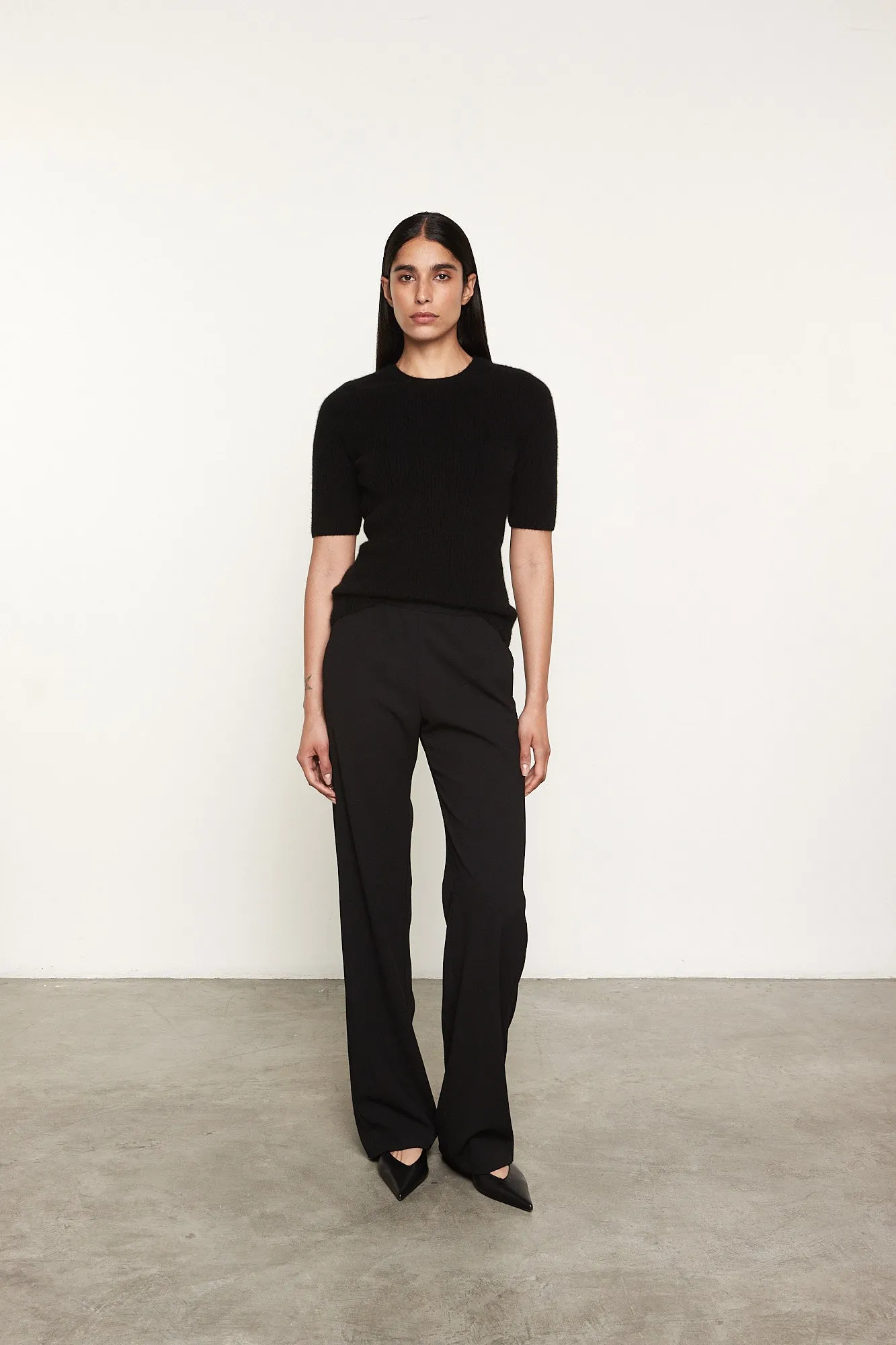 Powder Rib Knitted Half Sleeve Crew in Black