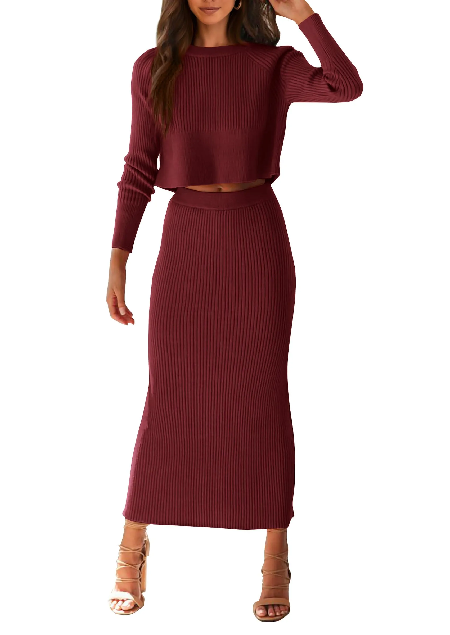 PRETTYGARDEN Women's Fall 2 Piece Sweater Set Rib Knit Long Sleeve Crop Top Maxi Bodycon Skirt Casual Winter Outfits