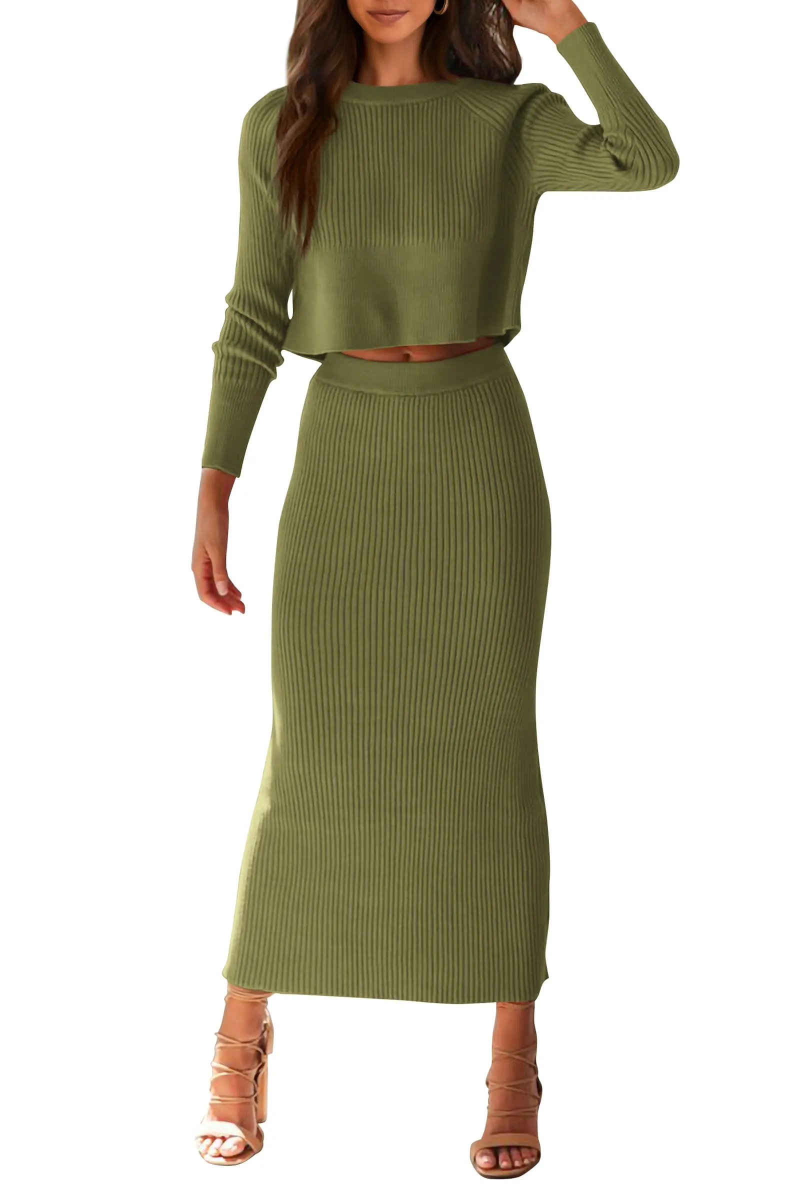 PRETTYGARDEN Women's Fall 2 Piece Sweater Set Rib Knit Long Sleeve Crop Top Maxi Bodycon Skirt Casual Winter Outfits