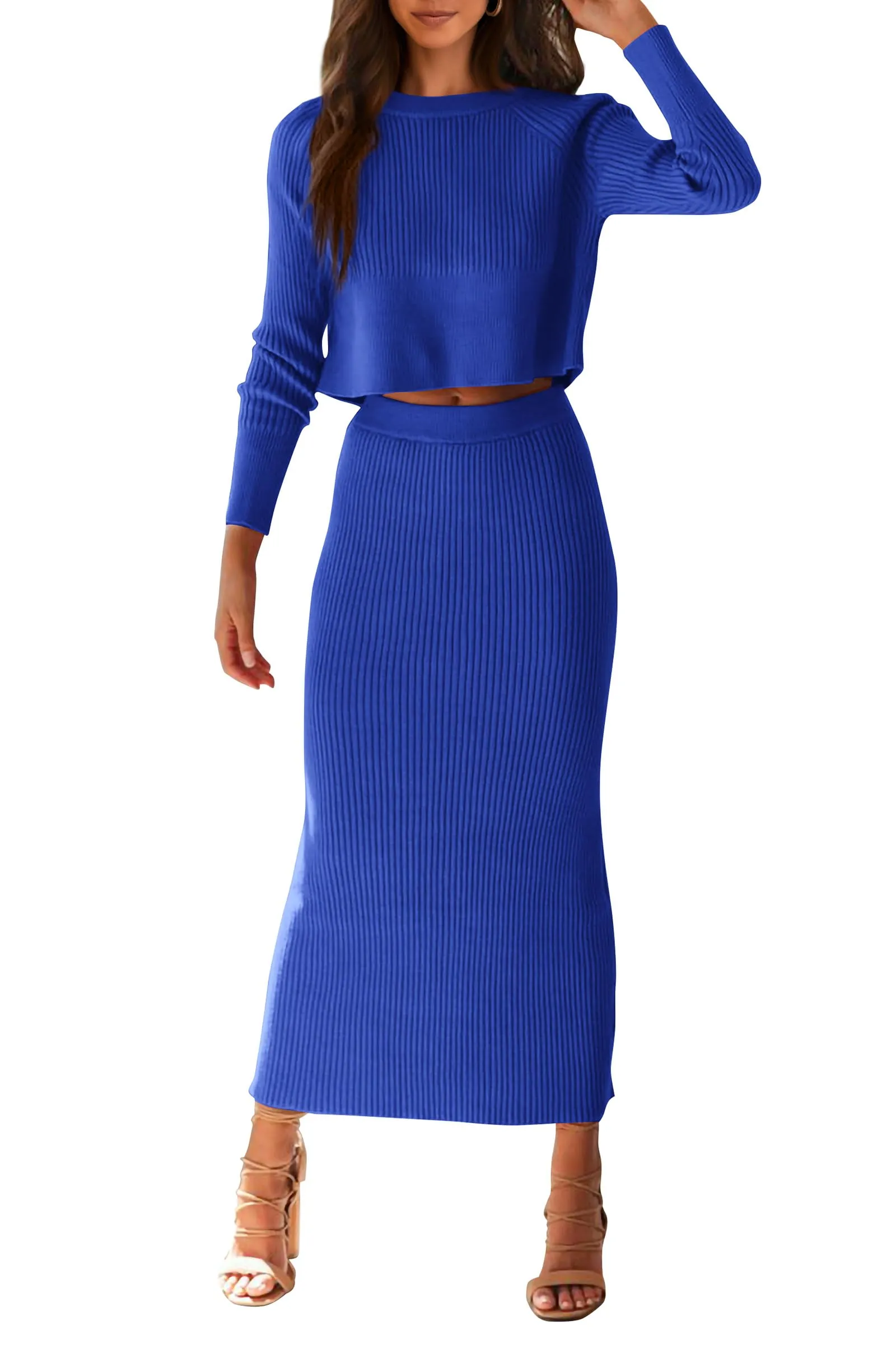 PRETTYGARDEN Women's Fall 2 Piece Sweater Set Rib Knit Long Sleeve Crop Top Maxi Bodycon Skirt Casual Winter Outfits