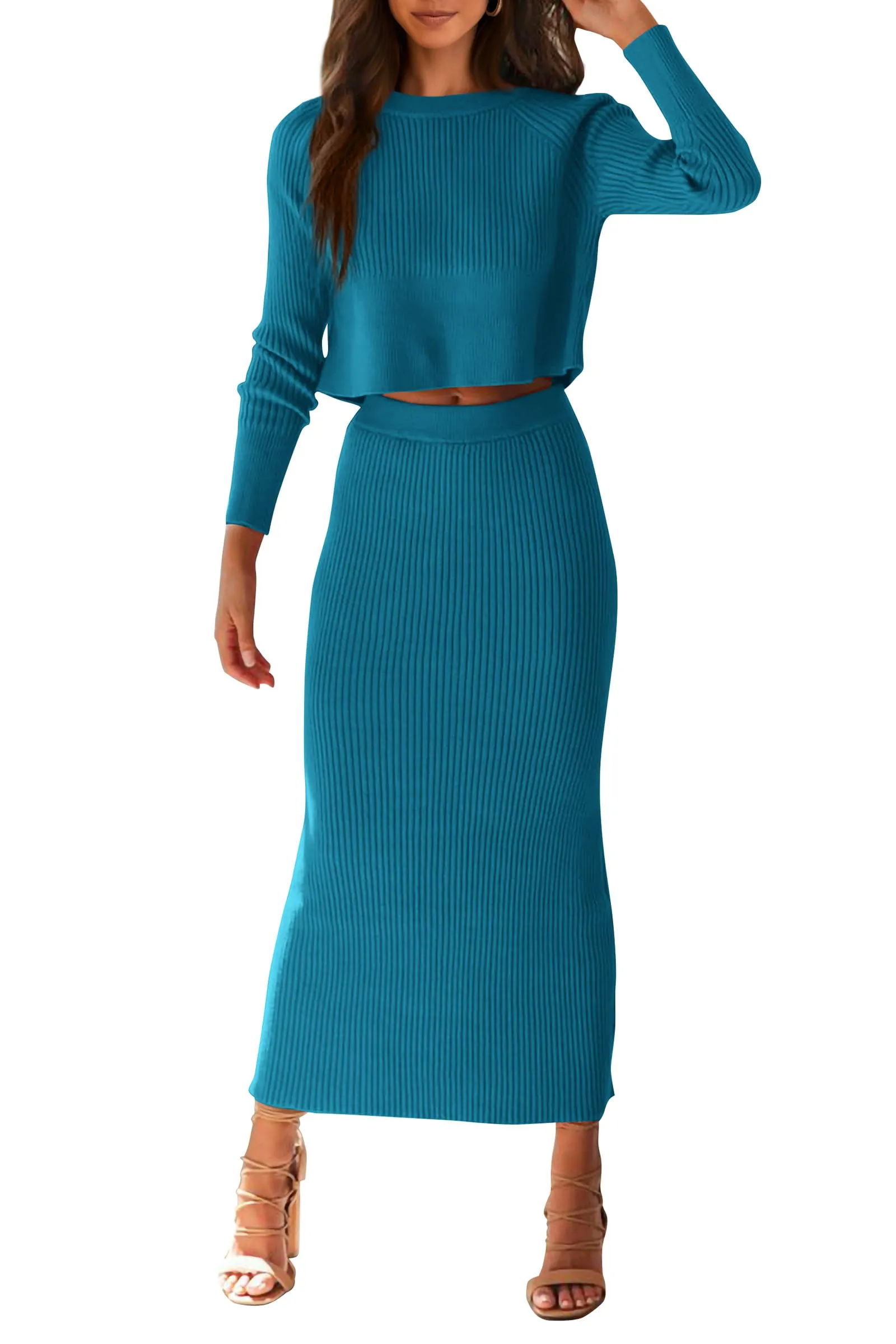 PRETTYGARDEN Women's Fall 2 Piece Sweater Set Rib Knit Long Sleeve Crop Top Maxi Bodycon Skirt Casual Winter Outfits