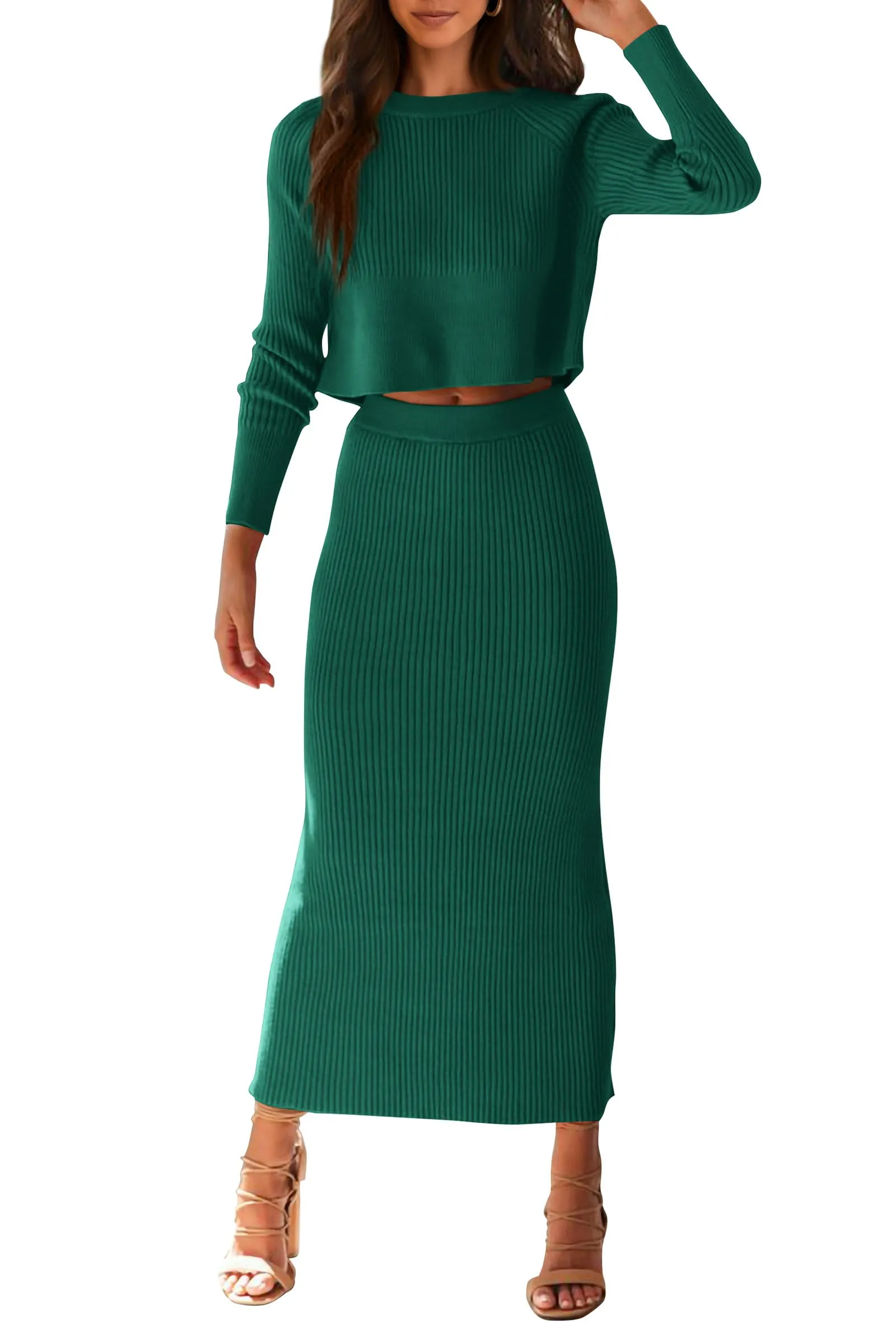 PRETTYGARDEN Women's Fall 2 Piece Sweater Set Rib Knit Long Sleeve Crop Top Maxi Bodycon Skirt Casual Winter Outfits
