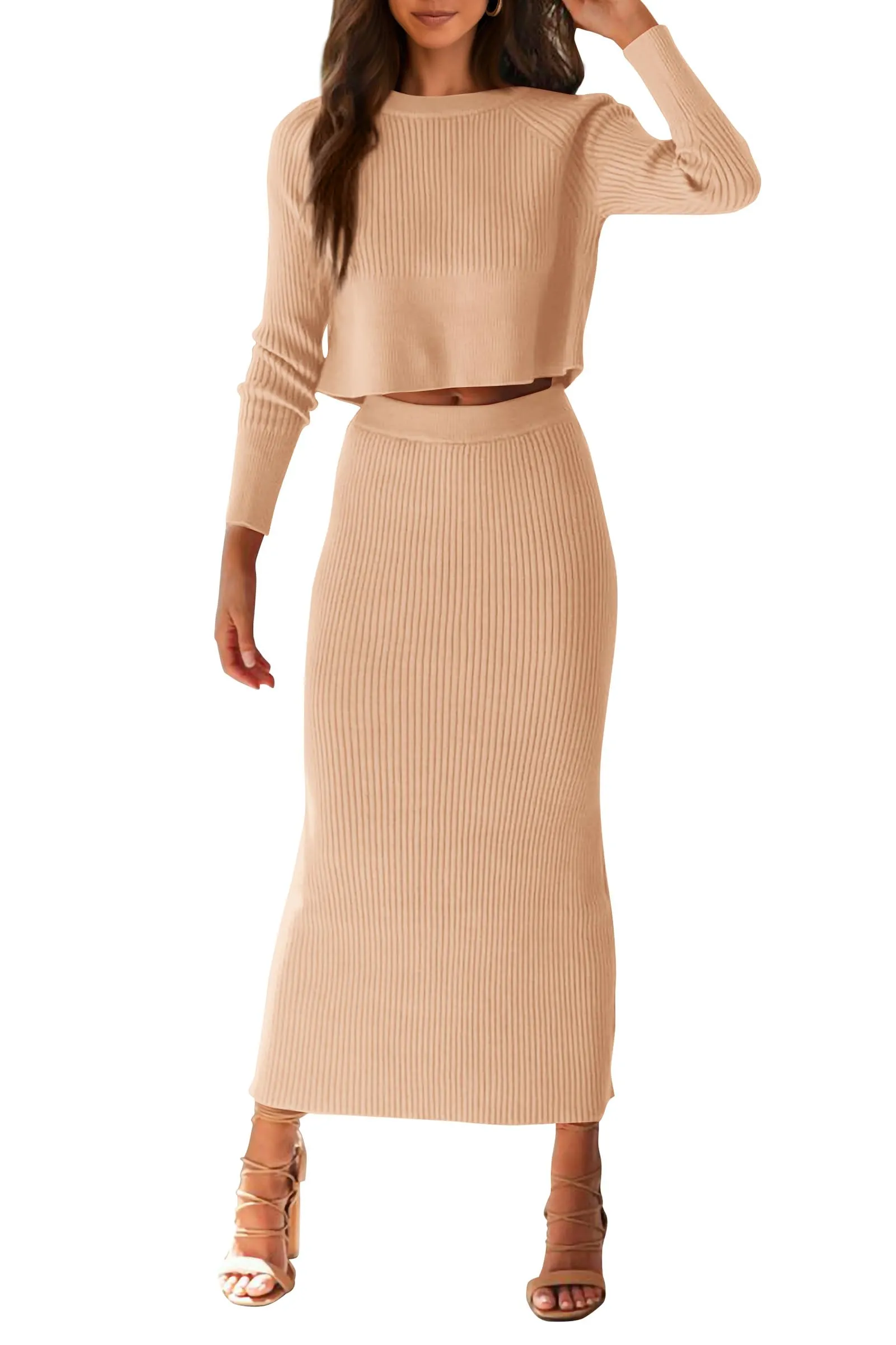 PRETTYGARDEN Women's Fall 2 Piece Sweater Set Rib Knit Long Sleeve Crop Top Maxi Bodycon Skirt Casual Winter Outfits