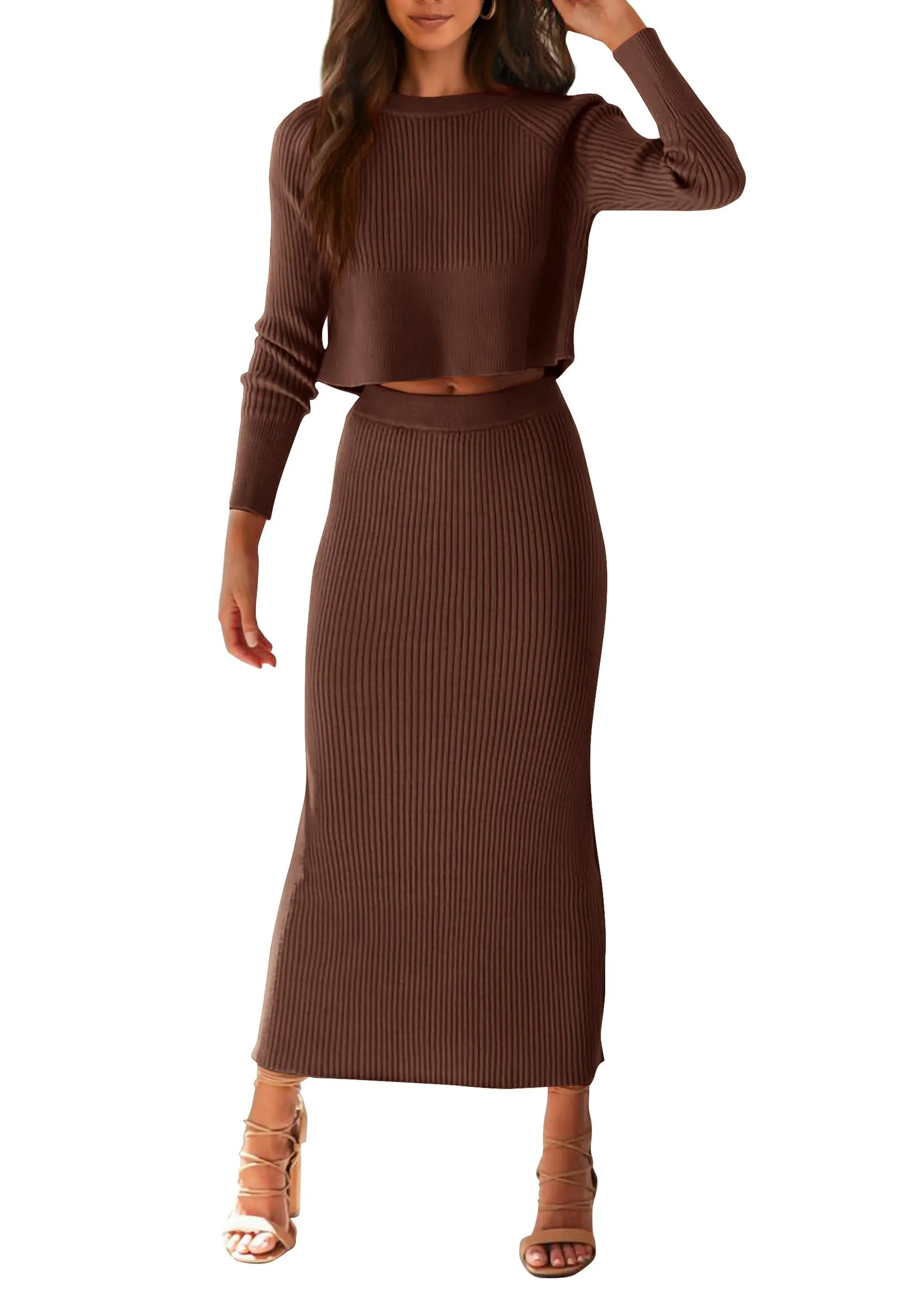 PRETTYGARDEN Women's Fall 2 Piece Sweater Set Rib Knit Long Sleeve Crop Top Maxi Bodycon Skirt Casual Winter Outfits