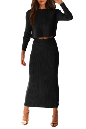 PRETTYGARDEN Women's Fall 2 Piece Sweater Set Rib Knit Long Sleeve Crop Top Maxi Bodycon Skirt Casual Winter Outfits