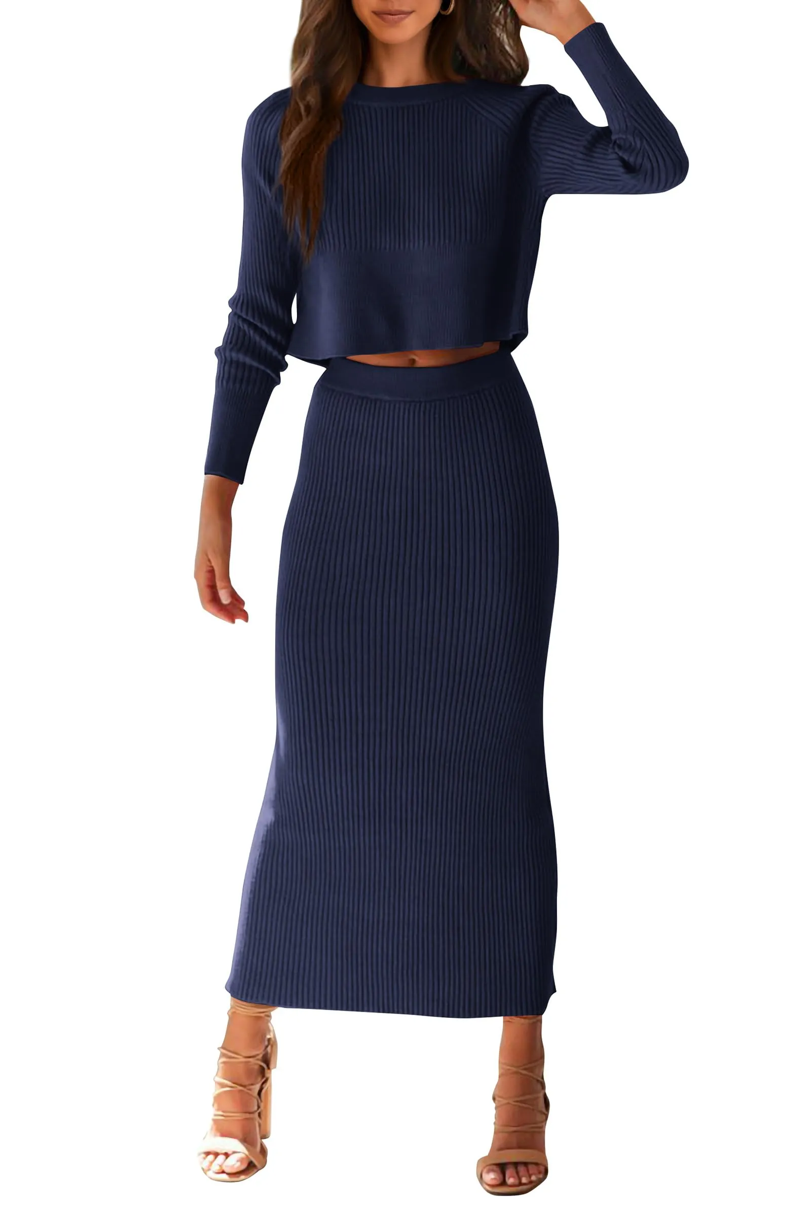 PRETTYGARDEN Women's Fall 2 Piece Sweater Set Rib Knit Long Sleeve Crop Top Maxi Bodycon Skirt Casual Winter Outfits