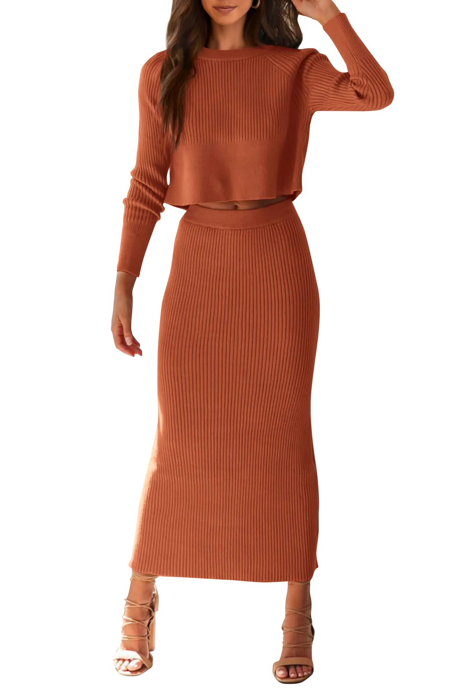 PRETTYGARDEN Women's Fall 2 Piece Sweater Set Rib Knit Long Sleeve Crop Top Maxi Bodycon Skirt Casual Winter Outfits