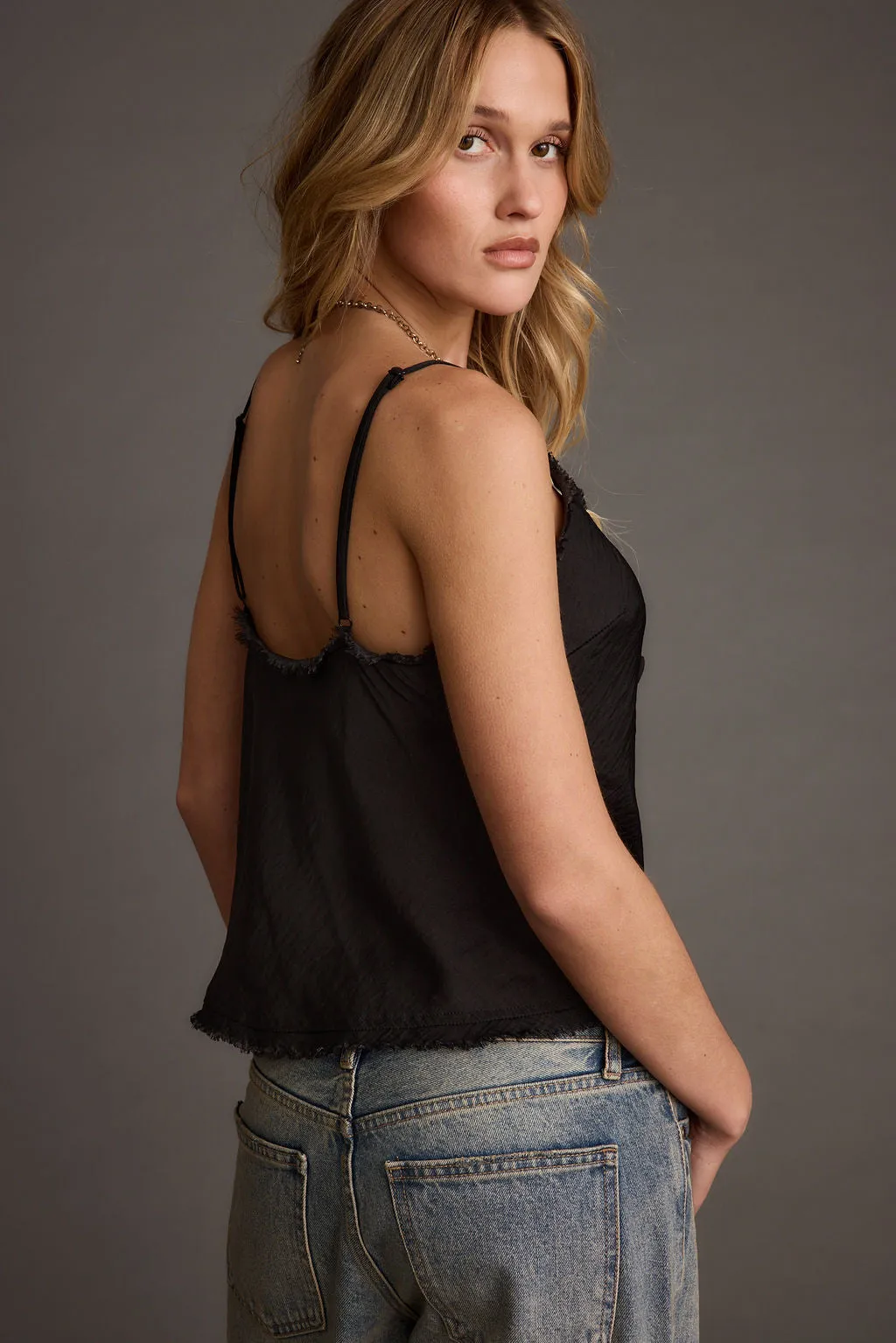 Prosecco Black Rosette Frill Satin Cami Tank
