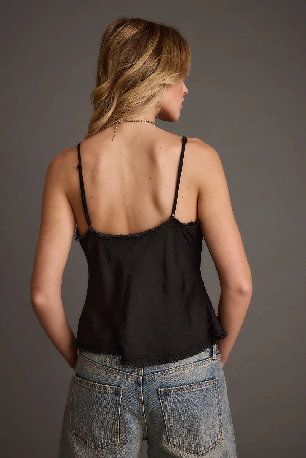 Prosecco Black Rosette Frill Satin Cami Tank