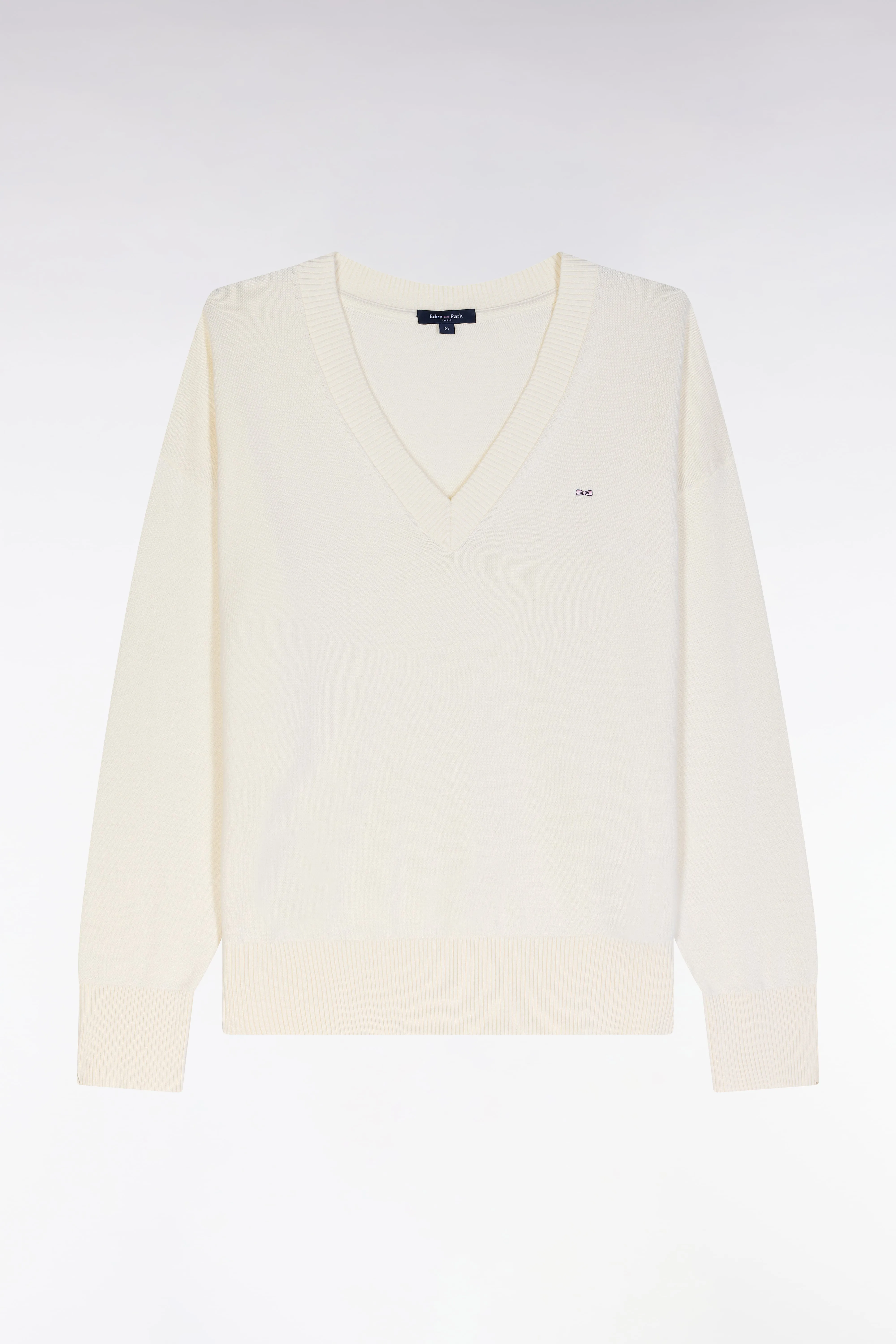 Pull col V en coton beige coupe décontractée