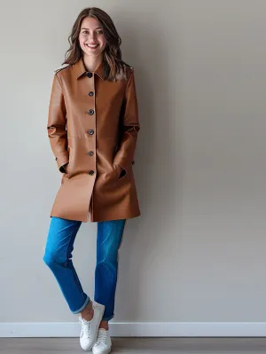Push-Button Elegance Leather Coat for Women