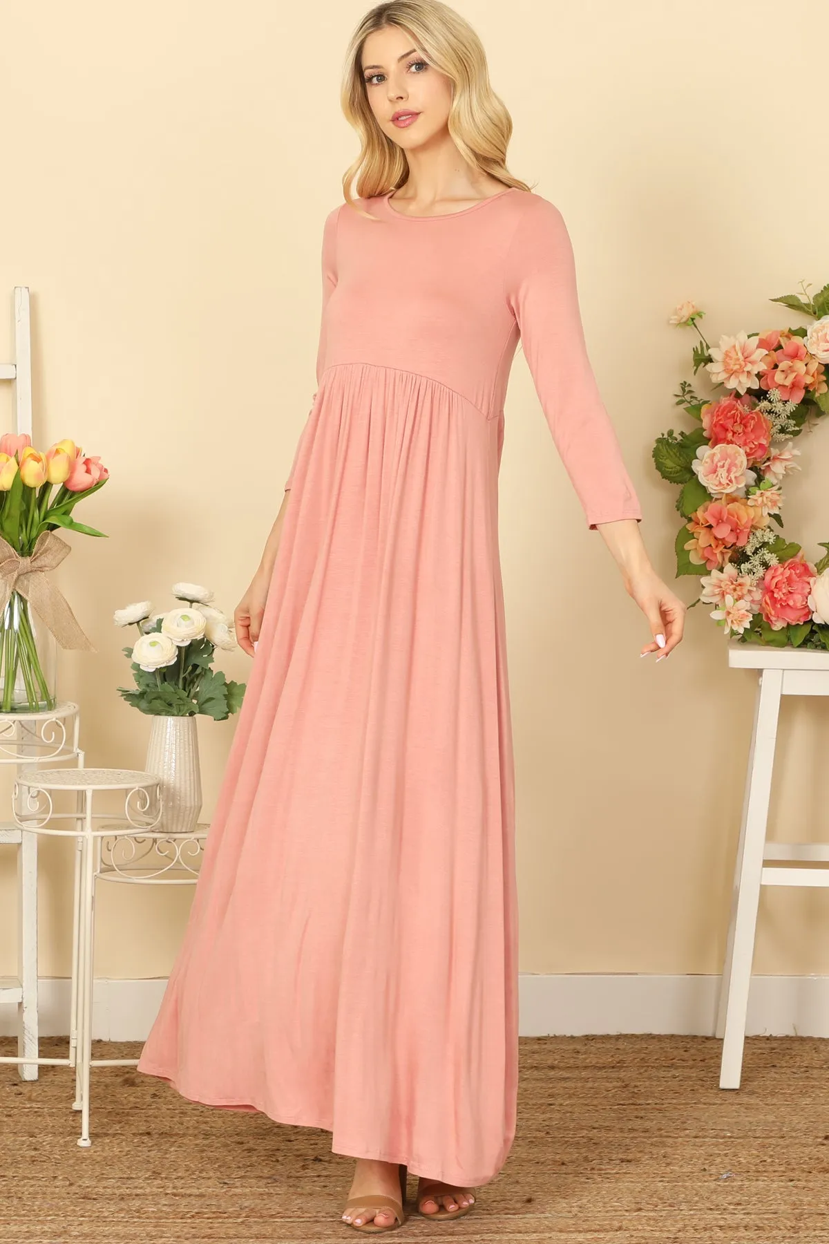 QUARTER SLEEVE PLEATED WAIST SOLID MAXI DRESS