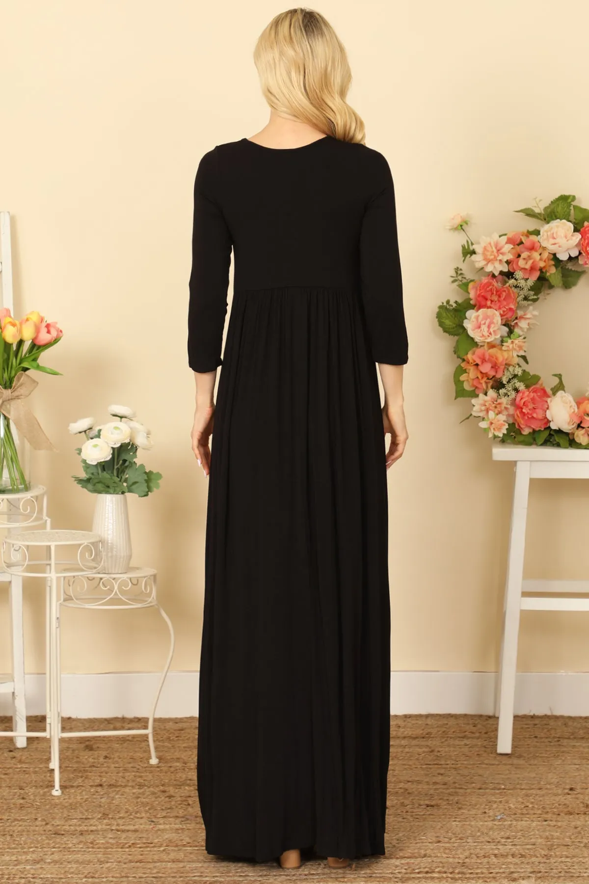 QUARTER SLEEVE PLEATED WAIST SOLID MAXI DRESS