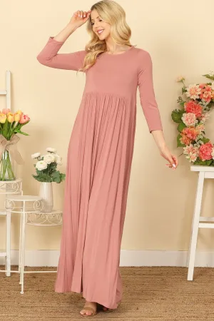 QUARTER SLEEVE PLEATED WAIST SOLID MAXI DRESS