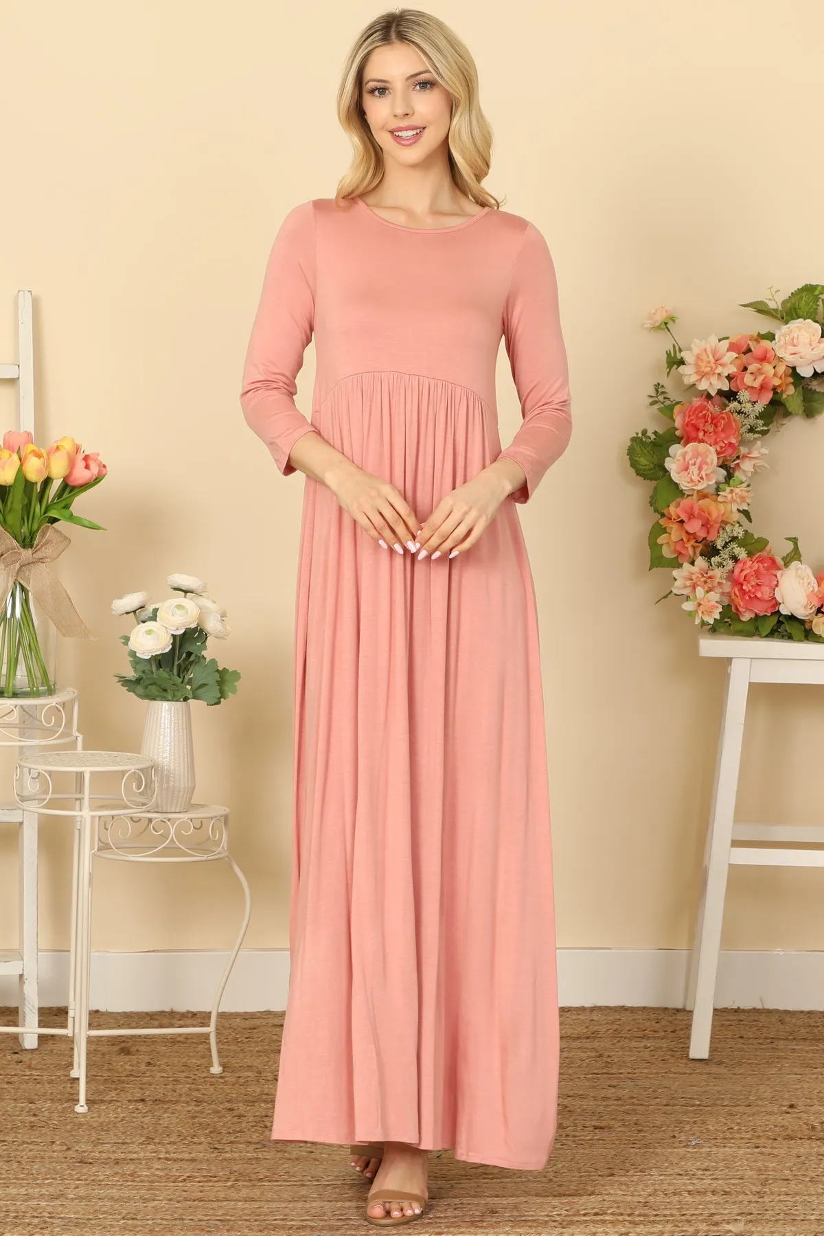 QUARTER SLEEVE PLEATED WAIST SOLID MAXI DRESS