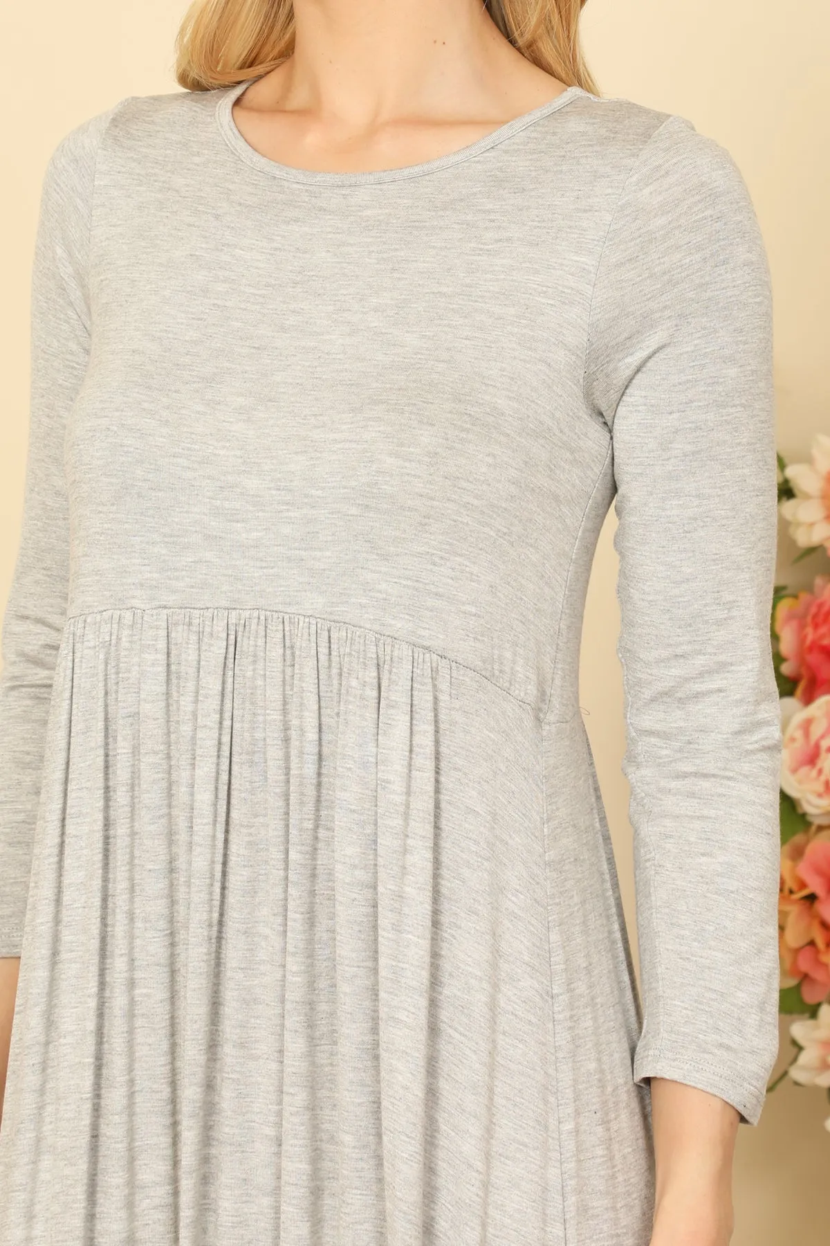 QUARTER SLEEVE PLEATED WAIST SOLID MAXI DRESS