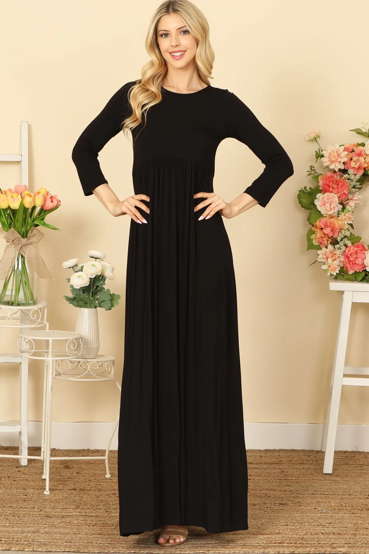 QUARTER SLEEVE PLEATED WAIST SOLID MAXI DRESS