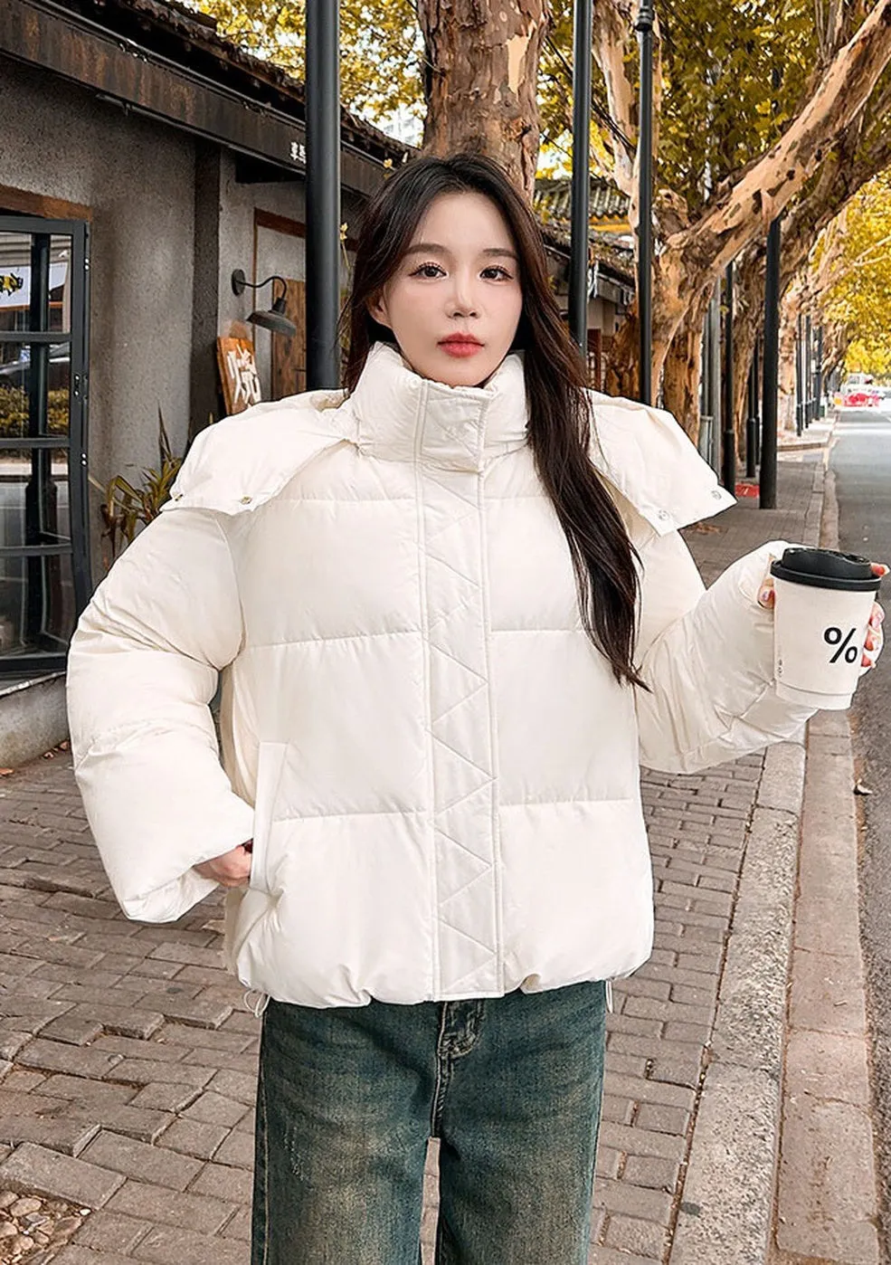 Quilted and Windproof Solid Puffer Jacket for Women