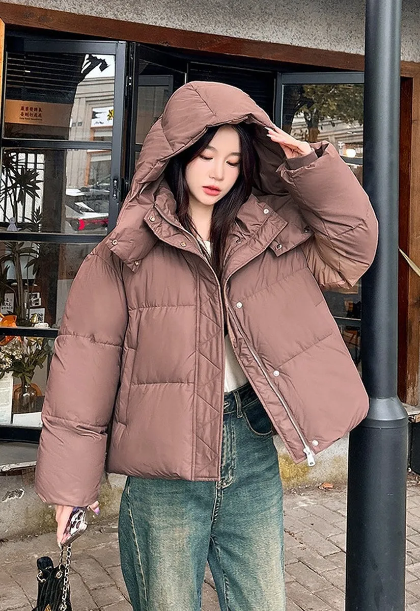 Quilted and Windproof Solid Puffer Jacket for Women
