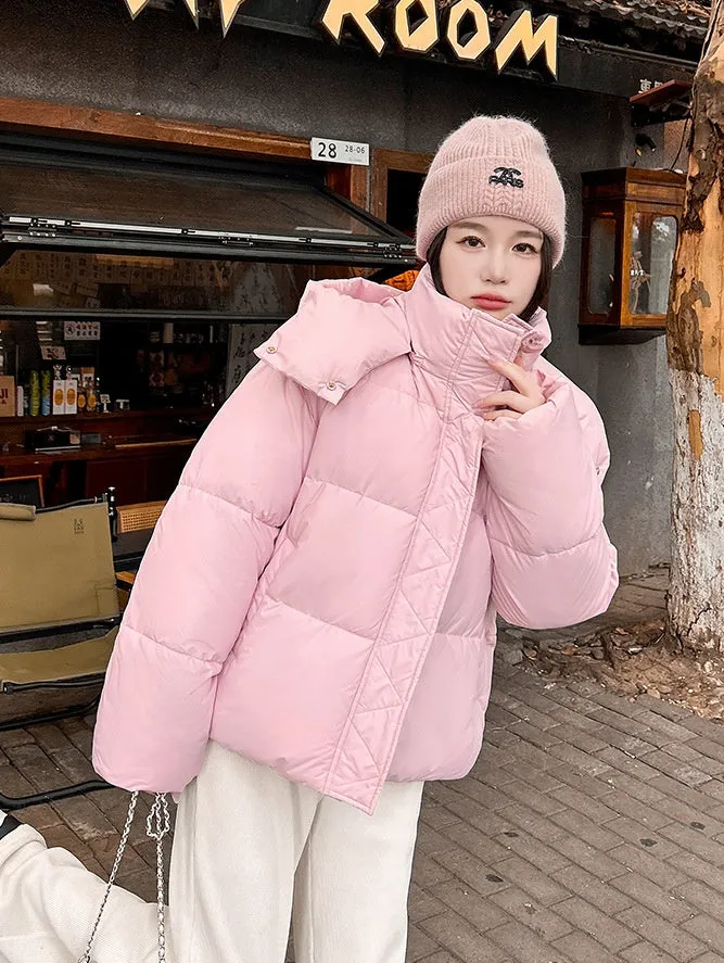 Quilted and Windproof Solid Puffer Jacket for Women