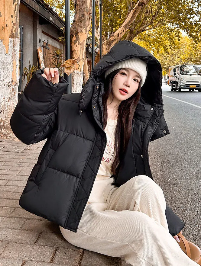 Quilted and Windproof Solid Puffer Jacket for Women